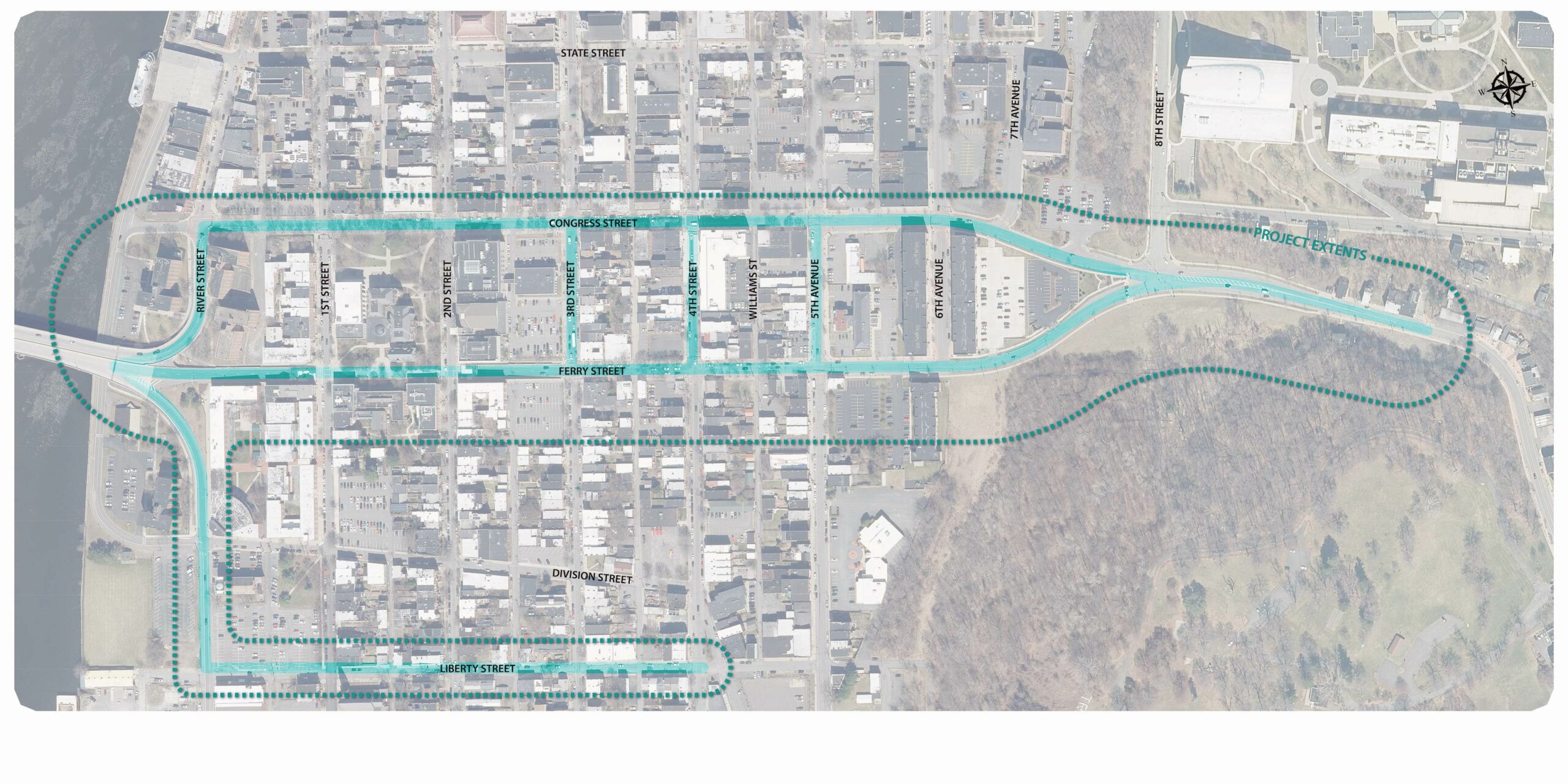 A photo provided by Creighton Manning & Alta depicting the focus of the project: downtown Troy from River St to 8th St, and Congress St to Liberty St. 